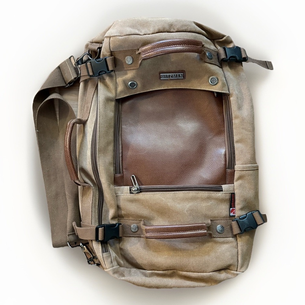 Witzman Brown Canvas Travel Backpack Convertible Duffel Bag Messenger Leather
